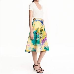 H&M Watercolor Brocade Midi Skirt Textured Exposed Gold Zip Women's 6
